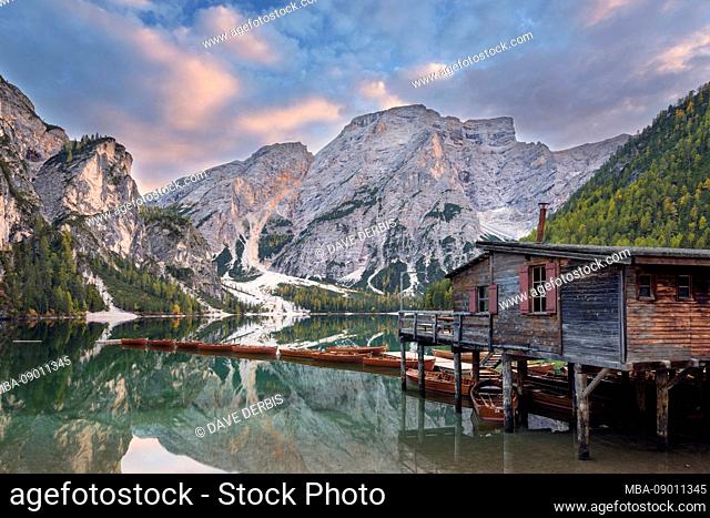 Lake, mountains, hut, sunset, Pragser Wildsee, Braies, Bolzano, Italy, Europe