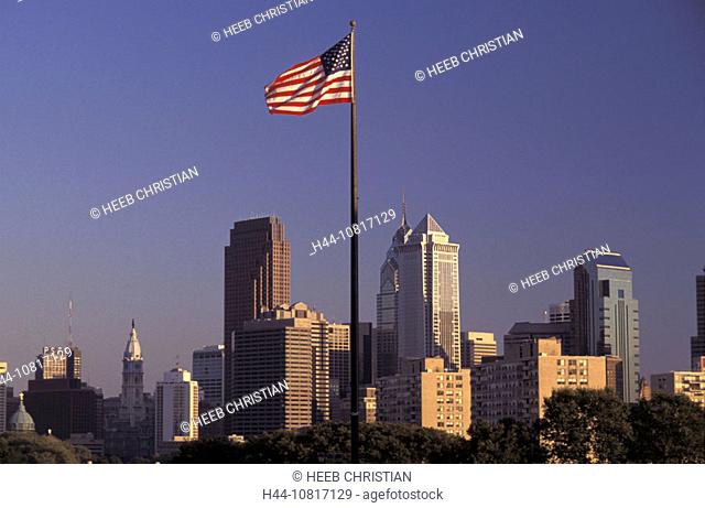 American flag, banner, Skyline, town, city, mood, Philadelphia, Pennsylvania, USA, United States, America