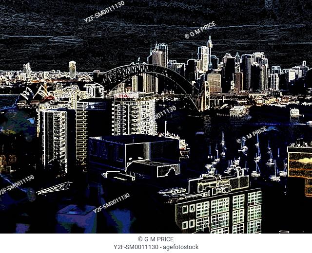 dark manipulated view of Sydney skyline and high rise buildings