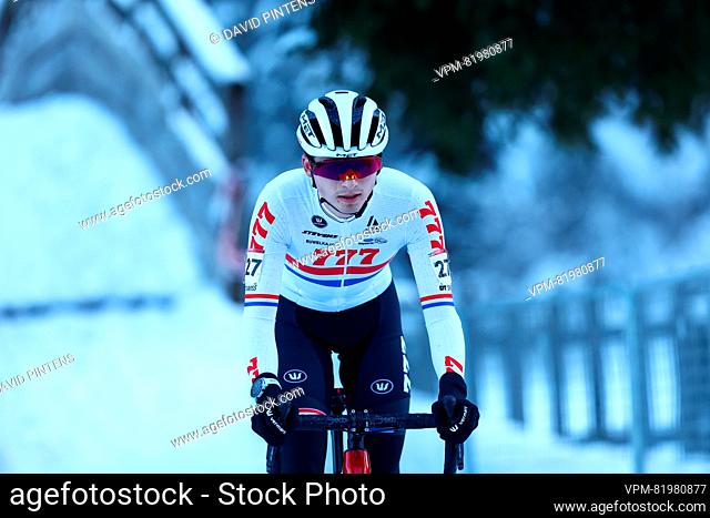 British Cameron Mason pictured in action during the men's elite race at the Val di Sole Trentino cyclocross cycling event, on Sunday 10 December 2023 in Italy