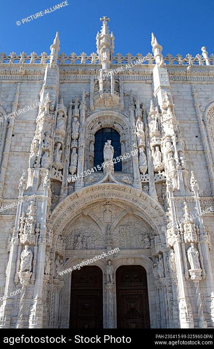 PRODUCTION - 06 April 2023, Portugal, Lissabon: The south portal of the ""Mosteiro de Jeronimos"" monastery in the Belem district