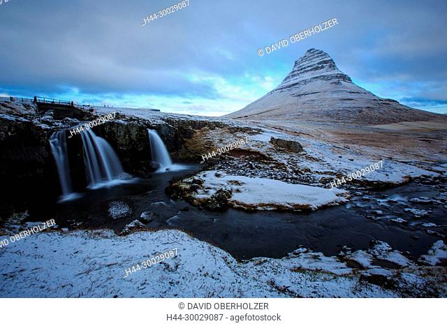 Mountains, Europe, Island, Kirkjufell, Kirkjufellsfoss, sceneries, light mood, Snaefellsnes, volcano island, water, waterfall, winter