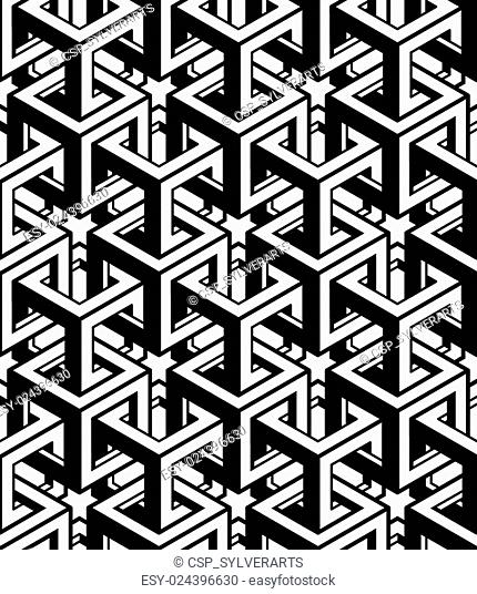 Monochrome abstract interweave geometric seamless pattern. Vector black and white illusory backdrop with three-dimensional intertwine figures
