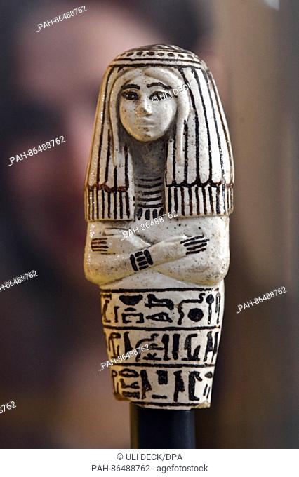A ushabti funerary figurine (1279-1213 BCE) in the Baden State Museum in Karlsruhe, Germany, 13 December 2016. The museum's 'Ramses: Divine Ruler on the Nile'...