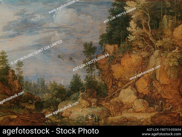 Rocky Landscape with Deer and Goats, Rocky Landscape with Deer and Goats. In the foreground a stream, in the distance a ruin
