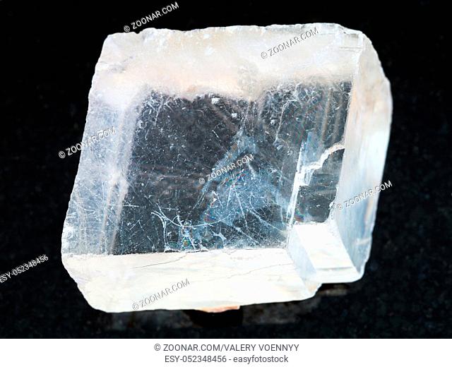 macro shooting of natural mineral rock specimen - raw crystal of Iceland spar gemstone on dark granite background from Krutoye, Evenkia in Krasnoyarsk region