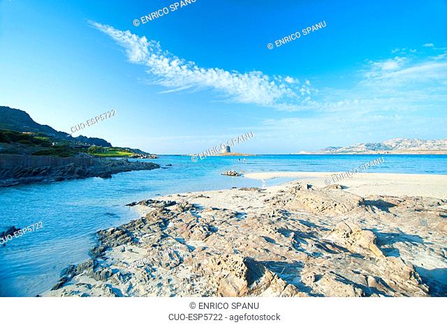 La Pelosa Beach and La Pelosa Tower, Stintino, North Sardinia, Italy, Europe