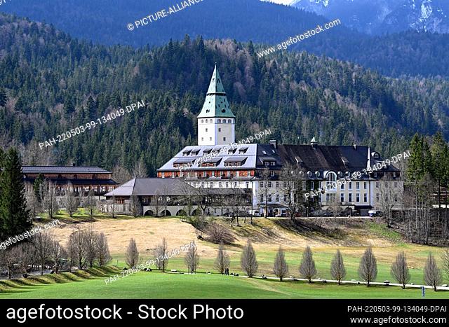 27 April 2022, Bavaria, Klais: Green meadows in front of Elmau Castle. For the second time after 2015, the G7 summit will again take place in Bavaria