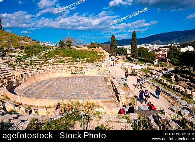 Athens, Attica / Greece - 2018/04/02: Panoramic view of Theatre of Dionysos Eleuthereus ancient Greek theater at slope of Acropolis hill