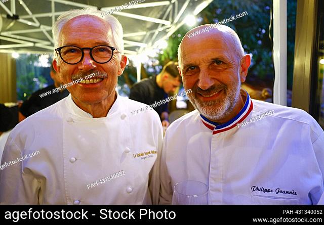 Saint-Paul-de-Vence, France - October 15, 2023: Chefs Jacques Chibois (La Bastide Saint-Antoine) and Philippe Joannes (SBM Monaco) at the GALA DE L’EPICURIEN at...