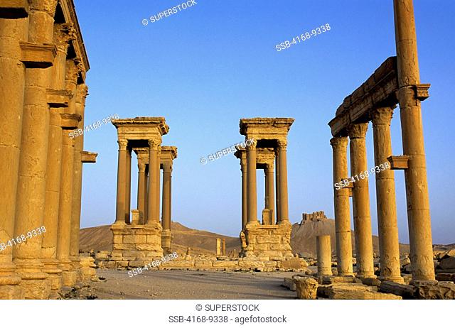Syria, Palmyra, Ancient Roman City, Colonnaded Street Tetrapylon, Castle Of Fakhr Ud-Din