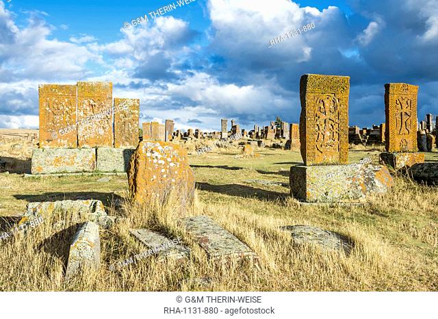 Medieval Khachkars carved memorial stele, Noratus cemetery, Sevan Lake, Gegharkunik province, Armenia, Caucasus, Asia