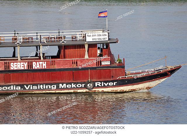 Phnom Penh (Cambodia): touristic boats on the confluence of the Tonlé Sap, Mekong, and Bassac rivers