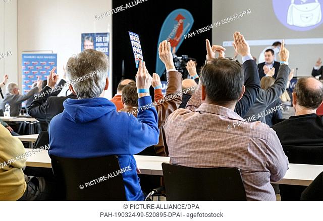 24 March 2019, Hamburg: Participants of the state party conference of the Alternative for Germany (AfD) will vote on a motion in the Bürgersaal Wandsbek