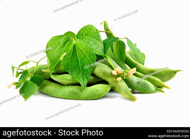 Fresh edamame soy beans with flowers and leaves on white background