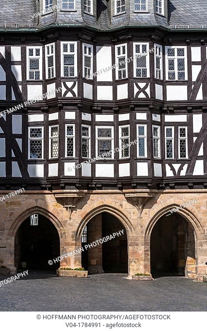 Detail of the picturesque city hall in Alsfeld on the German Fairy Tale Route, Hesse, Germany, Europe