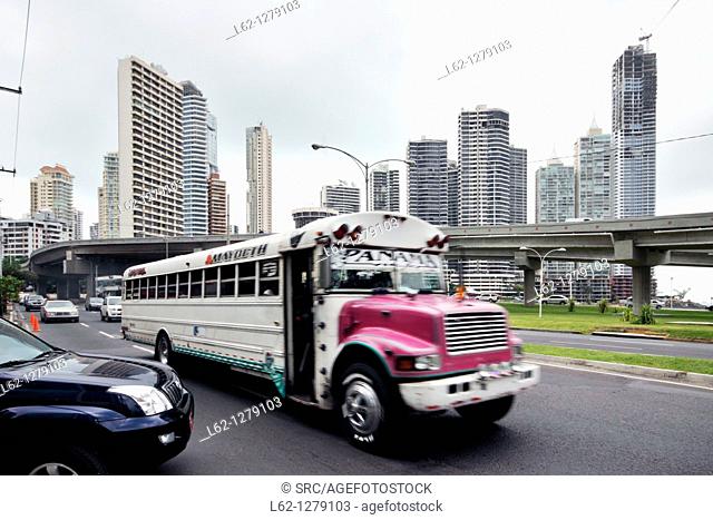 'Diablo rojo' customised bus, Cinta Costera, Panama City, Panama