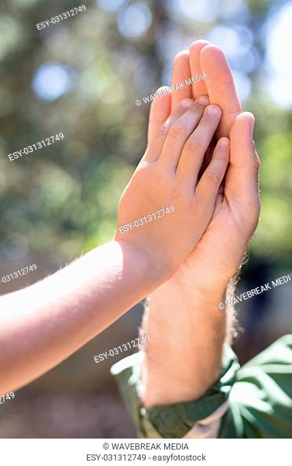 Cropped hands of father and son giving high five in forest