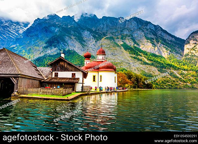 Departing from church St Bartholomew. The lake is surrounded by high mountains. Mountain Lake Koenigssee a fabulous beauty in Bavaria
