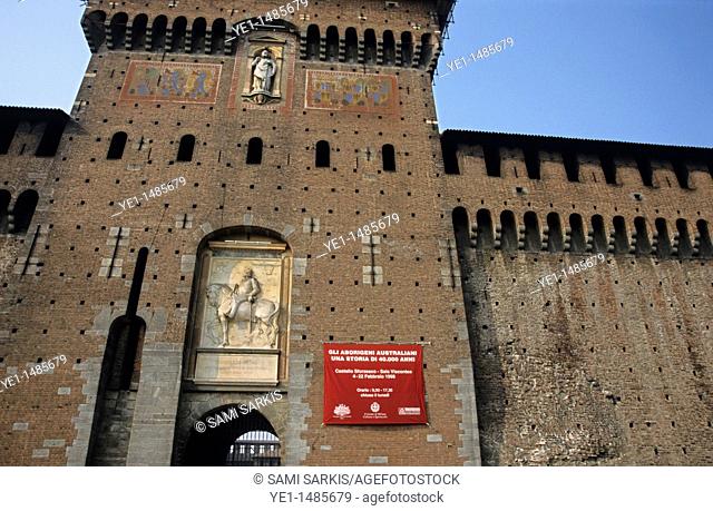Stone walled exterior of Castello Sforzesco, Milan, Italy