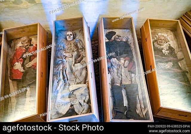 17 September 2020, Brandenburg, Illmersdorf: In the crypt of the small village church, four coffins with glass lids can be seen