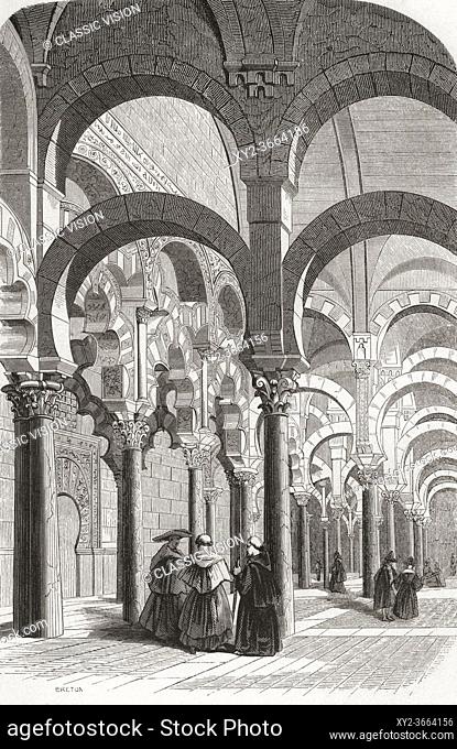 Interior of the Great Mosque, La Mezquita, Cordoba, Cordoba Province, Andalusia, Spain, seen here in the 19th century. From Monuments de Tous les Peuples