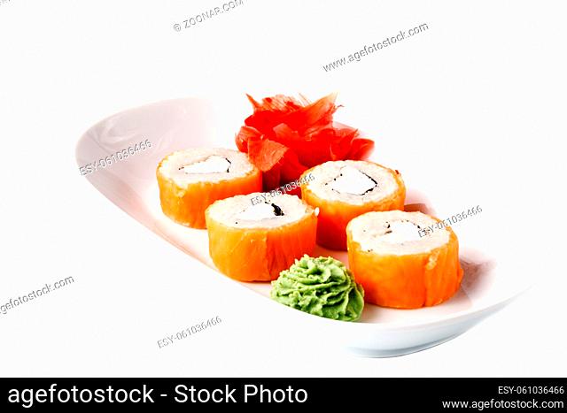 Philadelphia Maki Sushi made of Fresh Raw Salmon, Cream Cheese and Cucumber