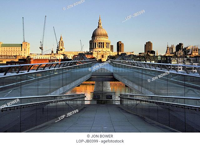England, London, South Bank, St Paul's Cathedral and the Millennium Bridge at sunrise