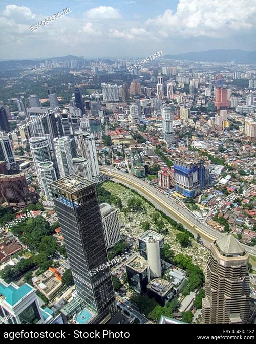 high angle aerial view around Kuala Lumpur City Centre in Malaysia