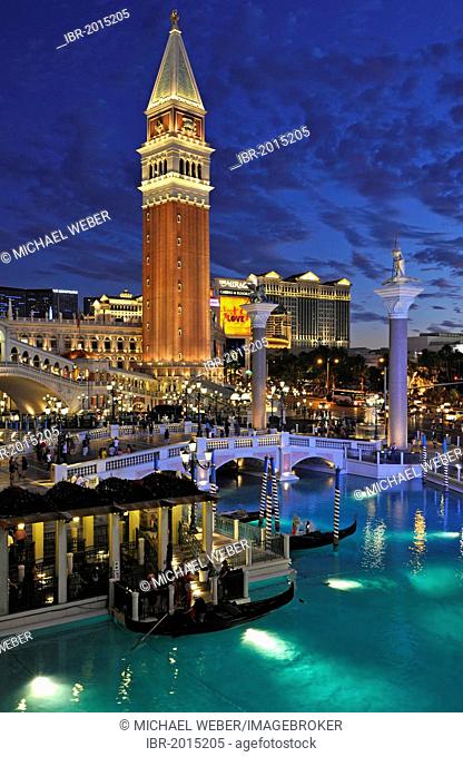 Night shot at the blue hour, Canale Grande, Grand Canal, Campanile bell tower, gondolas, The Strip, 5-star luxury hotel at The Venetian Casino, The Mirage