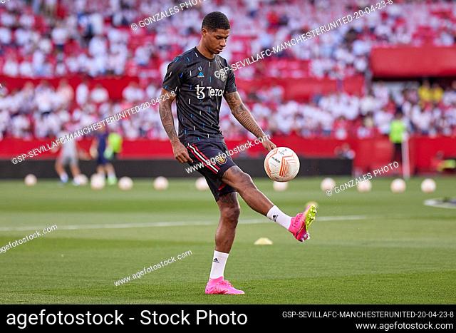 Seville, Spain. 20th, April 2023. Marcus Rashford (10) of Manchester United is warming up before the UEFA Europa League match between Sevilla FC and Manchester...