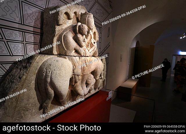 09 June 2020, Bavaria, Friedberg: A stone relief from the 13th century depicting the flight from Egypt is on display in the Bavarian State Exhibition in the...