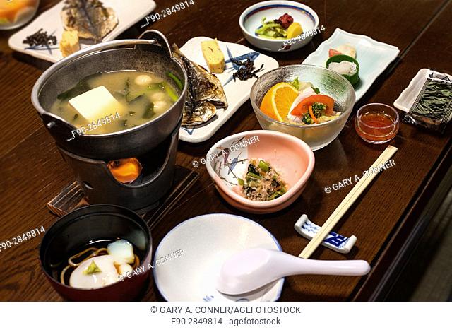 Multi course traditional breakfast at a onsen resort in Hakone, Japan