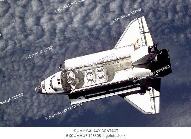 View of the Space Shuttle Atlantis after it undocked from the International Space Station (ISS) during the STS-104 mission