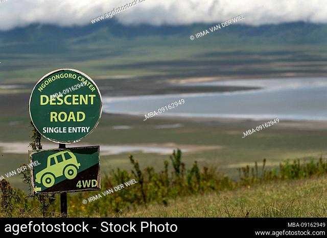 Tanzania, Northern Tanzania, Serengeti National Park, Ngorongoro Crater, Tarangire, Arusha and Lake Manyara, warning sign to Ngorongoro Crater