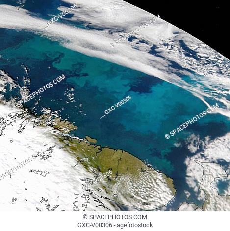 This satellite image shows the Barents Sea to be filled with a bright phytoplankton possible coccolithophorid bloom
