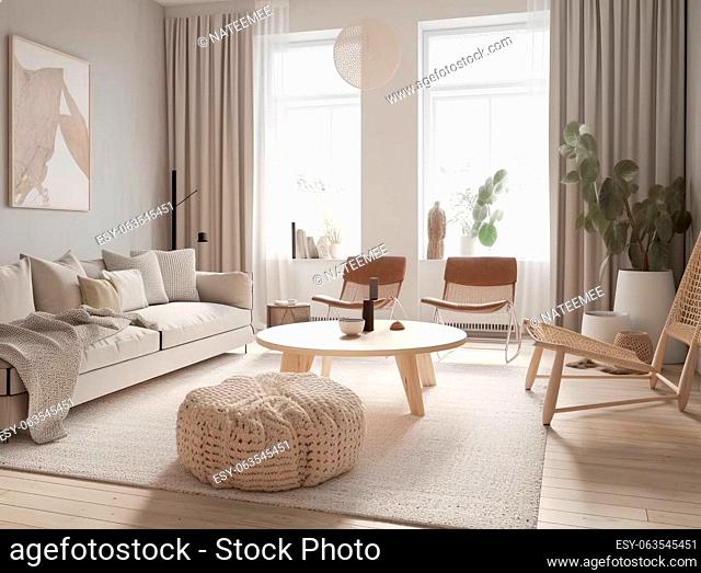 Scandinavian interior design living room with large window. Generative AI