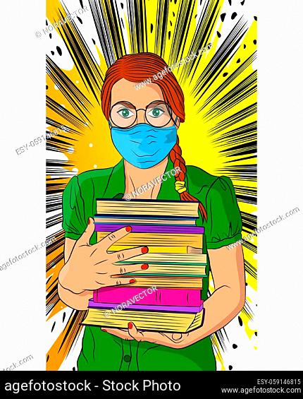 Female student, girl carrying a stack of books, wearing glasses and mask. College University or High School schoolgirl. Comic book style vector illustration...