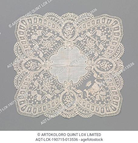 Handkerchief made of batist with a wide edge application side with the arms of the Pommeret family, Handkerchief made of natural-colored batist finished around...