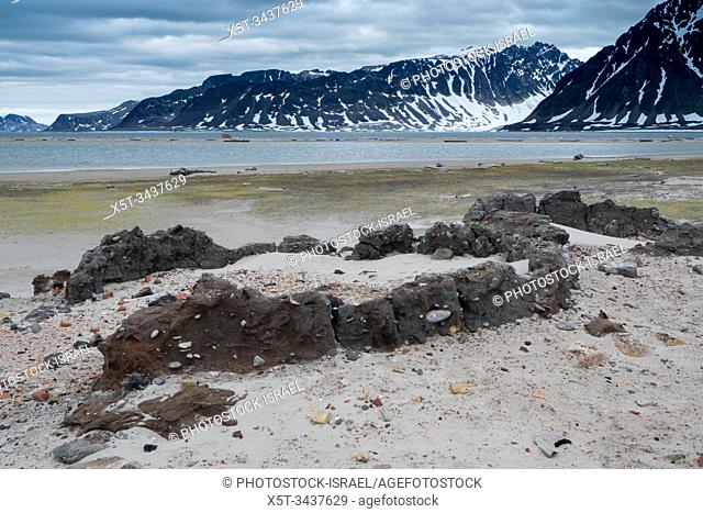 Ancient whaling camp. Remains of a Furnace for producing whale fat. Spitzbergen, Svalbard Islands, Norway