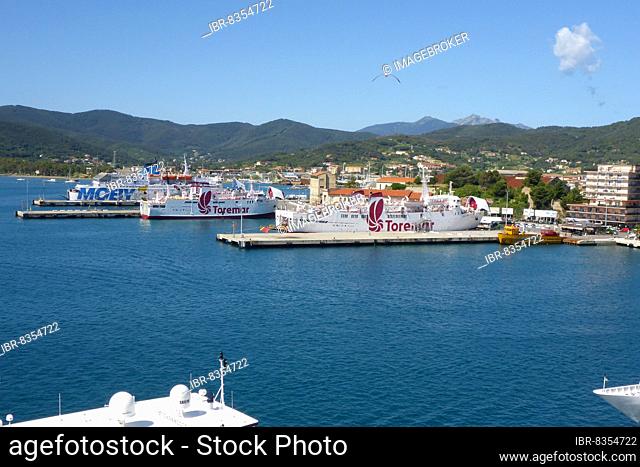 Three car ferries at Portoferraio ferry terminal, Portoferraio, Elba, Tuscany, Italy, Europe