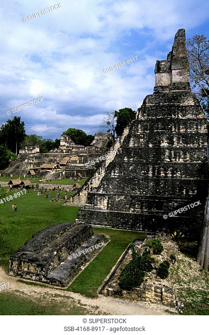 Guatemala, Tikal, View Of Temple I Temple Of The Giant Jaguar, Ball Court, And Grand Plaza