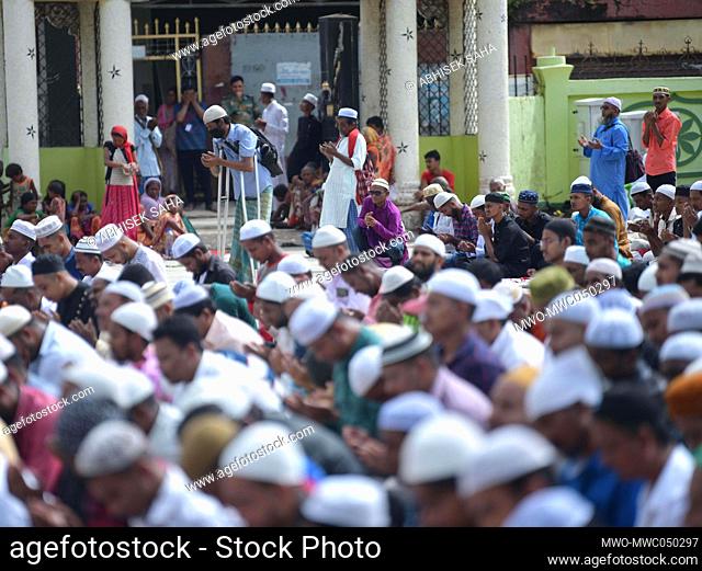 Muslim devotees offer prayers on the occasion of Eid-al-Adha at Gedu Mia Masjid (Mosque) in Agartala. Tripura, India