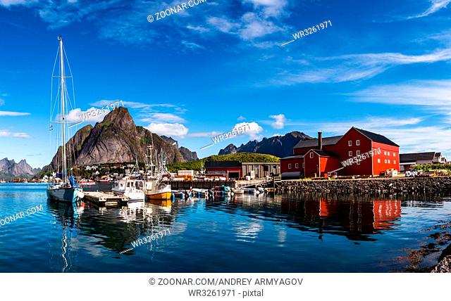 Lofoten is an archipelago in the county of Nordland, Norway. Is known for a distinctive scenery with dramatic mountains and peaks, open sea and sheltered bays