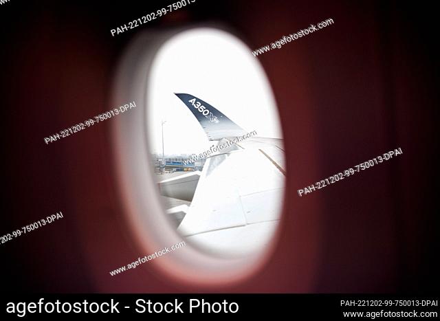 01 December 2022, Bavaria, Munich: The words ""A350X"" are seen on the winglet at the end of the wing during a media appointment to view Airbus' Airspace...