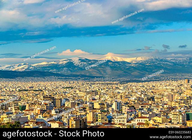 Aerial view cityscape of athens from top of philopappos hill, a famous acropolis viewpoint