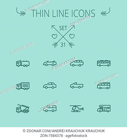 Transportation thin line icon set for web and mobile. Set includes- trucks, van, helicopter, bus, delivery van, cars icons