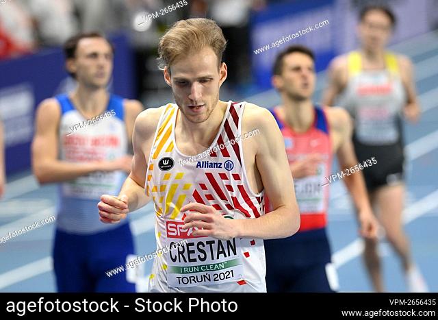 Belgian Eliott Crestan pictured in action during the heat of the first round of the men 800m race of the European Athletics Indoor Championships, in Torun
