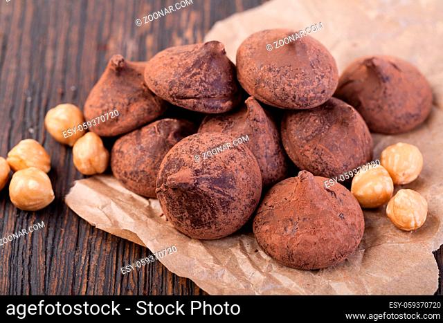 chocolate truffle on a wooden table