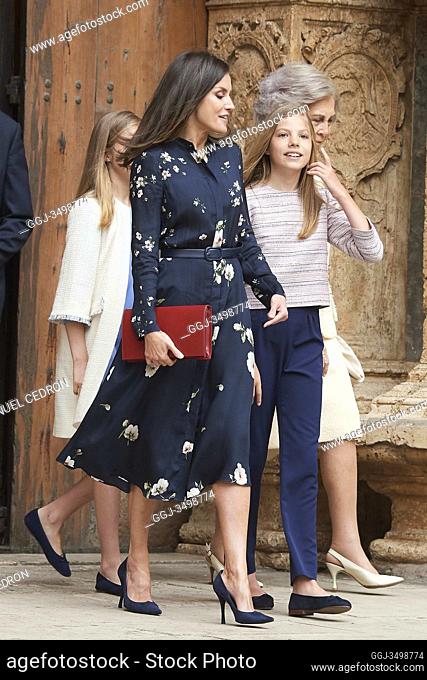 Queen Letizia of Spain, Crown Princess Leonor, Princess Sofia, Queen Sofia of Spain leave Cathedral of Palma de Mallorca after the Easter Mass on April 21
